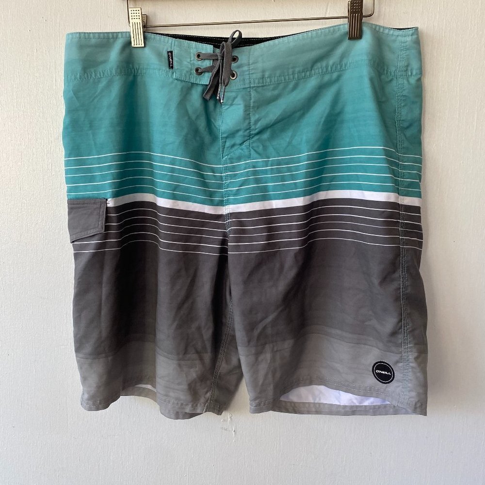 ONeill‎ Board Shorts Mens 38 Gray Striped Pockets Swimwear Surfer Coastal Punk